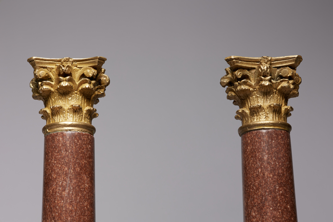 Pair of Porphyry Marble Columns with Gilt Bronze Capitals