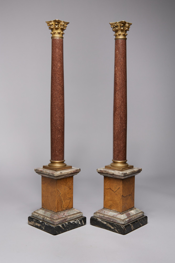 Pair of Porphyry Marble Columns with Gilt Bronze Capitals