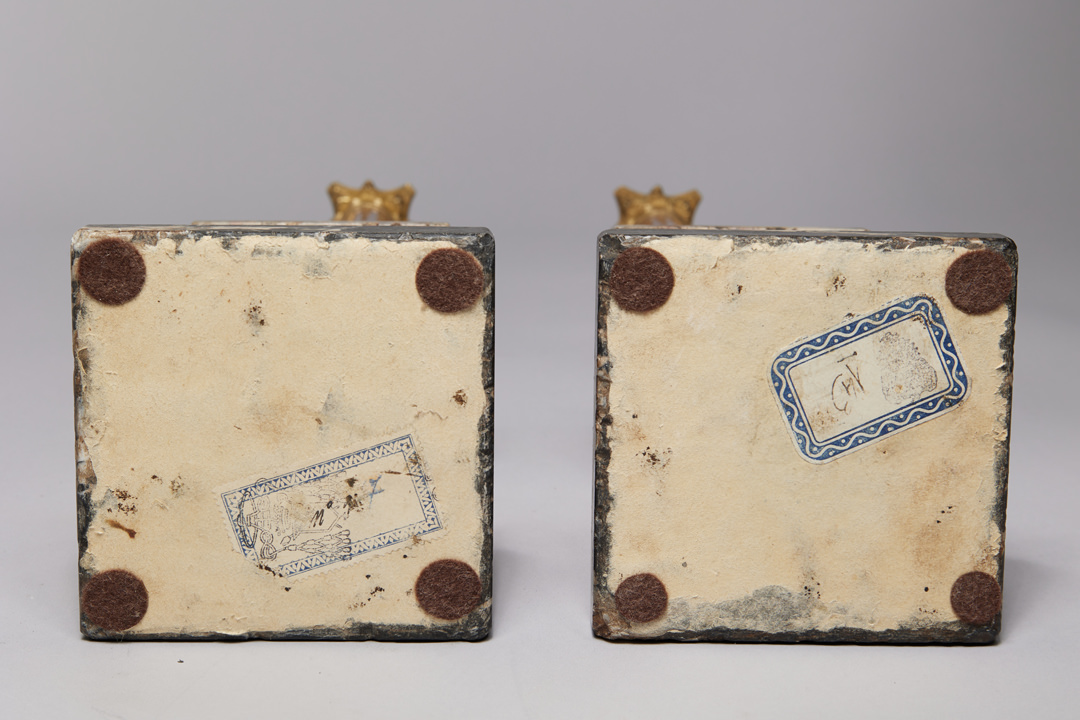 Pair of Porphyry Marble Columns with Gilt Bronze Capitals