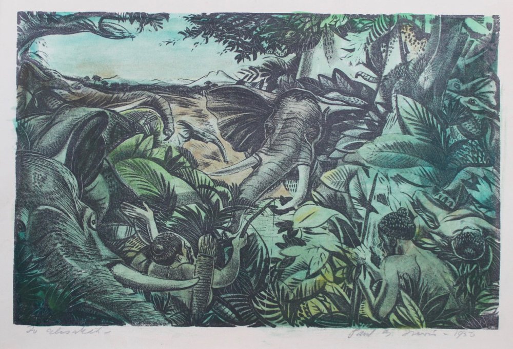 Jungle Scene with Elephants and Native Hunters by Paul Bough Travis