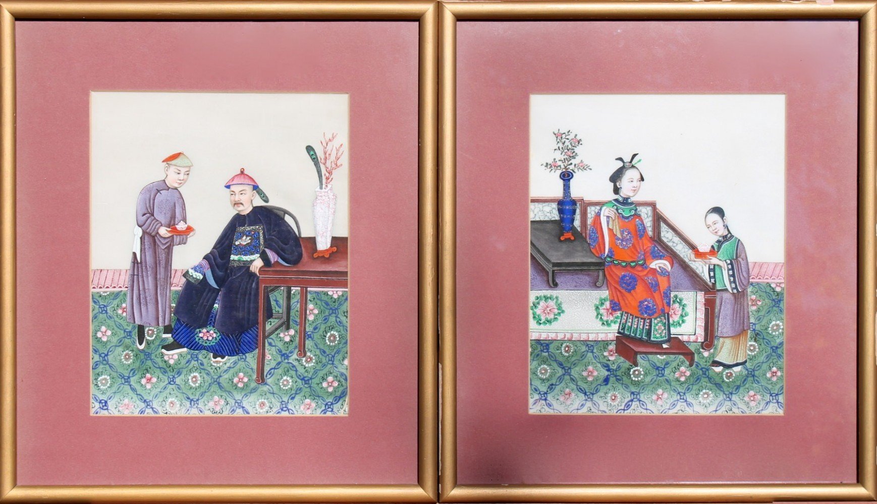 A Pair of Chinese Watercolor Paintings on Pith Paper by 19th Century Chinese School
