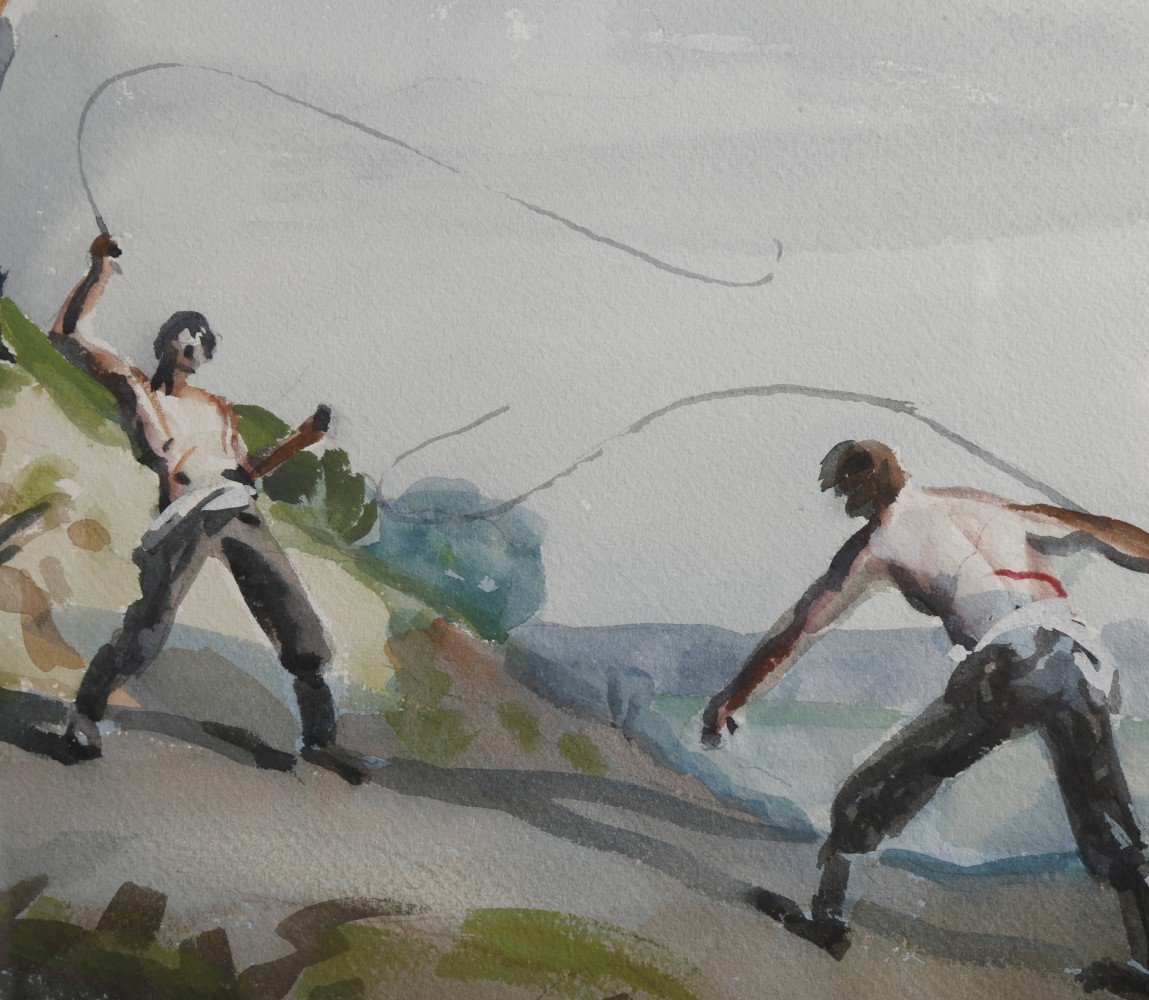 Figurative Landscape Watercolor and Gouache on Paper Painting: 