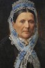 19th Century American Portrait of a Woman in a Lace Bonnet with a Blue Ribbon by 19th Century American School