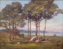 20thc. American School Landscape with Trees, a Lake, and Sailboats in the Distance