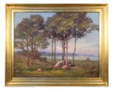 20thc. American School Landscape with Trees, a Lake, and Sailboats in the Distance