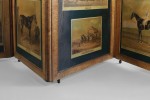 Rare English Figured Maple Four Panel Hinged Screen with Decoupaged Coaching Scenes and Thoroughbreds by 19th Century British School
