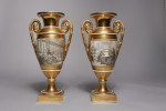 Pair of French Porcelain de Paris Gold Urns with Scenes of Roman History