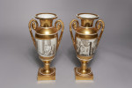 Pair of French Porcelain de Paris Gold Urns with Scenes of Roman History