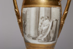 Pair of French Porcelain de Paris Gold Urns with Scenes of Roman History