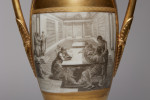 Pair of French Porcelain de Paris Gold Urns with Scenes of Roman History